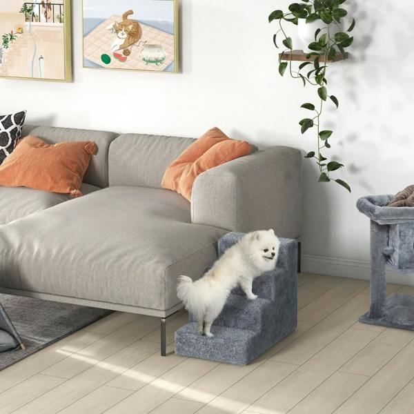 Light grey plush 4-step dog stairs with a small dog climbing