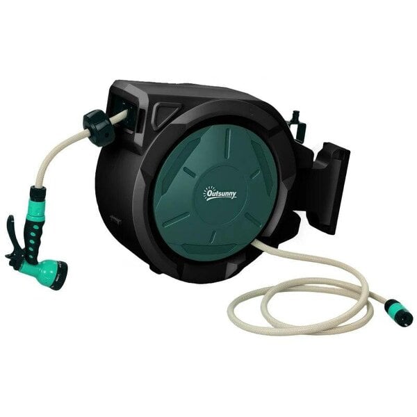 Bobobiy Retractable Hose Reel Wall Mounted, 30+2m Garden Hose Pipe Reel with Lock, 7 in 1 Spray Nozzle, 180° Swivel, 59 x 23 x 42 cm, Green