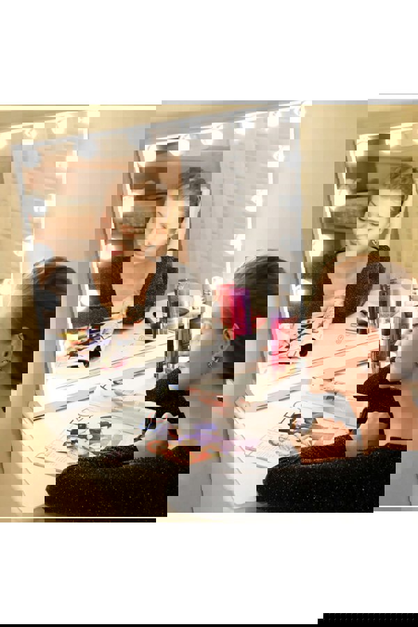 Living and Home Metal Round Hollywood Vanity Mirror with LED Lights & Touch Screen Control,Tabletop Cosmetic Mirror For Home