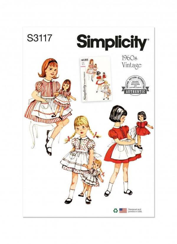 Simplicity Sewing Pattern 3117, Dresses, Aprons, Toys, Doll Clothes, Vintage Style for Kids, A (2-3-4-5-6) - Intermediate