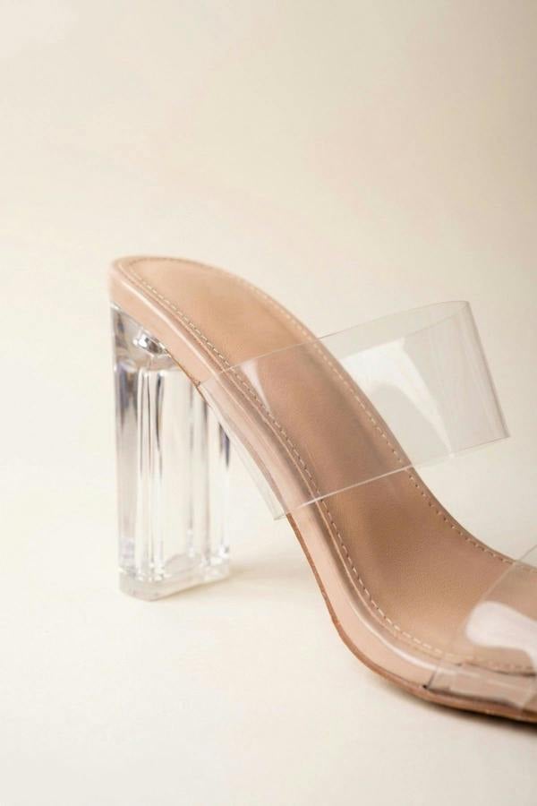 Pearl Transparent Strap Square Toe Mules - Beige