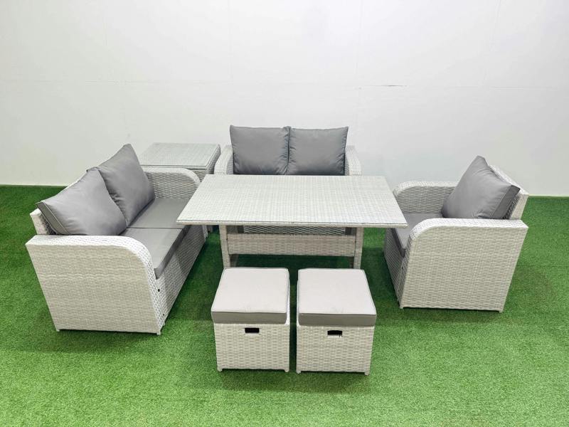 Fimous High Back Poly Rattan Garden Furniture Set, Reclining Chair, Loveseat, Dining Table, Indoor Outdoor, 2 Stool, Side Table, Light Grey