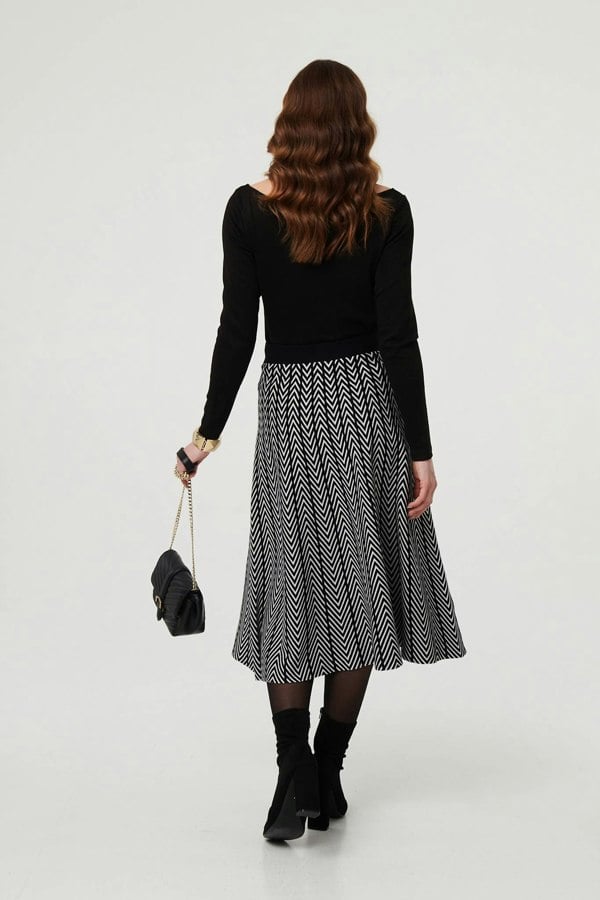 Black | Chevron Print High Waist Knit Midi Skirt
