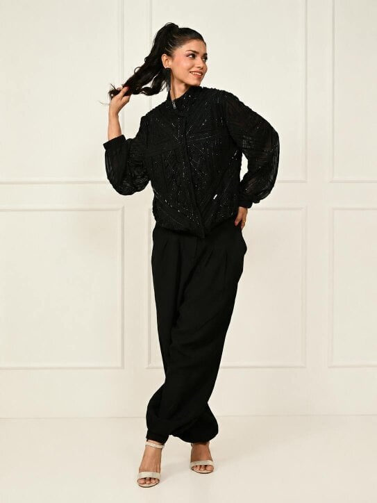 Rose & Nancy Briar Black Hand Embellished Funnel Neck Bomber Jacket