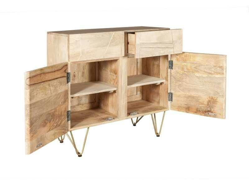 Wyld Haus Bali Light Natural Mango Wood and Gold Sideboard 2 Drawers 2 Doors 2 Shelves