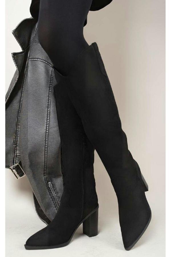 Aletta Pointed Toe Block Heel Knee High Boots - Black