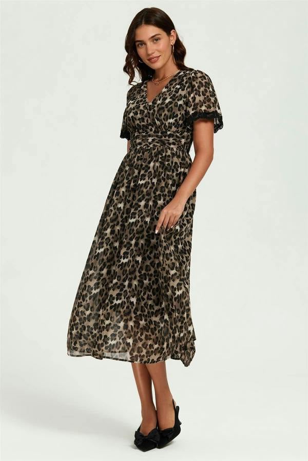 FS Collection Leopard Print Lace Trim On Sleeve Midi Dress In Brown