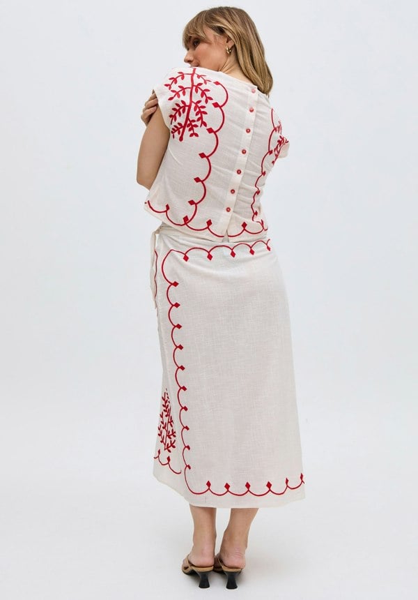 Fraya Cross Hatch Embroidered Wrap Midi Skirt In White