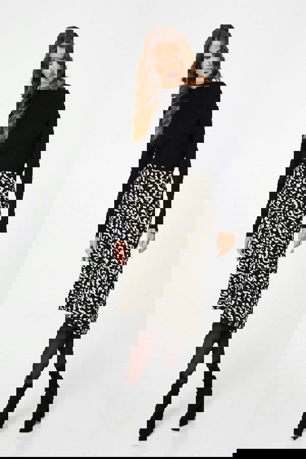 Black | Animal Print Contrast Knit Midi Dress
