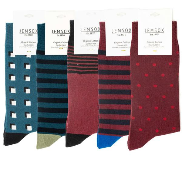 Jemsox 5pk Bordeaux & Manor Green Quintet - Organic Cotton Comfort Welt Socks (One Size UK 9-12)