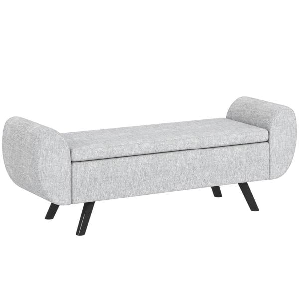 Light grey upholstered storage bench ottoman with armrests and black legs
