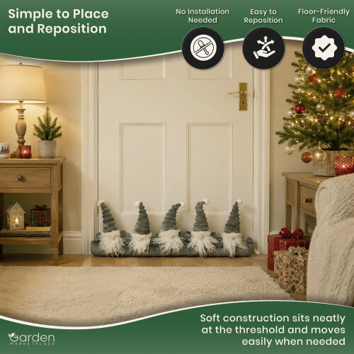 Christmas Draught Excluder with Grey Gonk Design, Soft Door Snake with 5 Gonks, Polyester Fabric, 73cm Wide x 28cm High, Fun Seasonal Draught Stopper