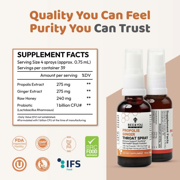 Bee and You Propolis Ginger Raw Honey Throat Spray with Menthol