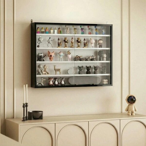 5-Tier Wall Display Cabinet, Wall Mounted Display Case w/ 4 Adjustable Shelves, Glass Doors, 60x80cm, Black and White - Black and White