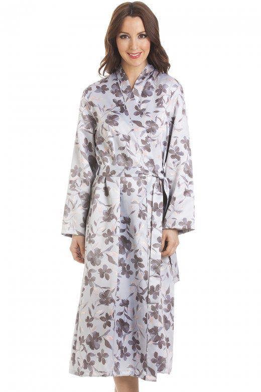 Grey Floral Print Long Satin Light Blue Wrap