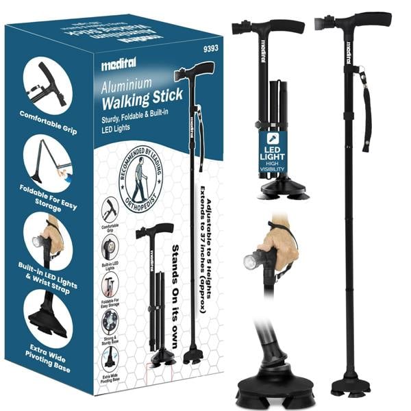 MEDITAL Folding Walking Stick with LED Light 84.5 - 94.5cm Adjustable Walking Cane - Foldable Walking Stick with Extra Wide Pivoting Base