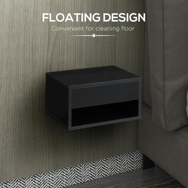 High-gloss black floating bedside table with open shelf mounted on wall