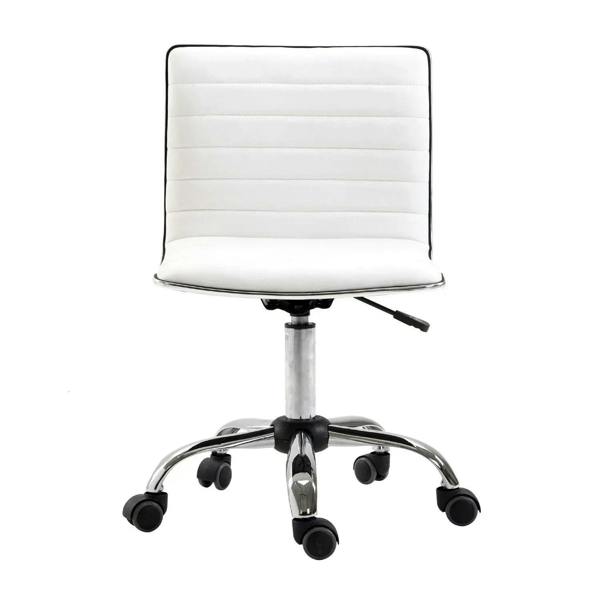 White armless mid-back swivel office chair showing padded backrest and chrome base