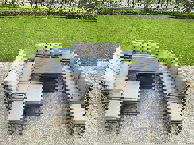 Fimous 12 Seater Aluminum Outdoor Garden Furniture Set with Adjustable Rising Dining Table, 3 Sofas, 3 Footstools, 2 Side Tables - Grey