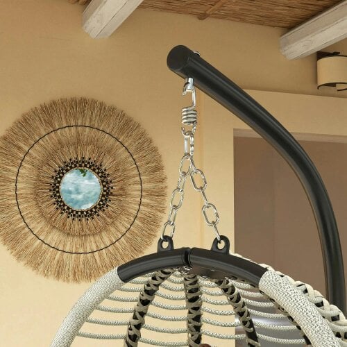 Bobobiy Outdoor Swing Chair with Thick Padded Cushion, Patio Hanging Egg Chair with Metal Stand, Foldable Basket, Rope Structure, Dark Grey