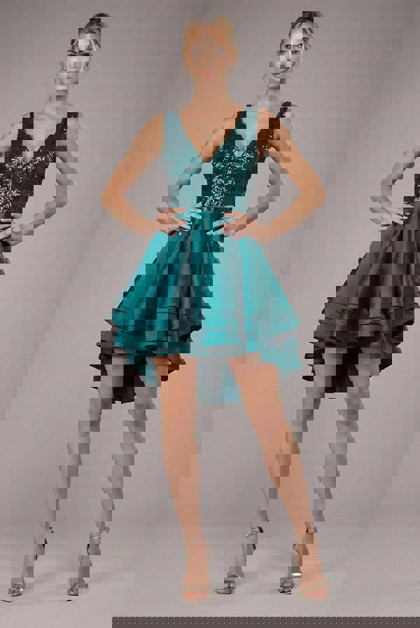 Sequin And Satin Tiered Hi-Low Mini Skater Dress - Emerald Green DR1317PB