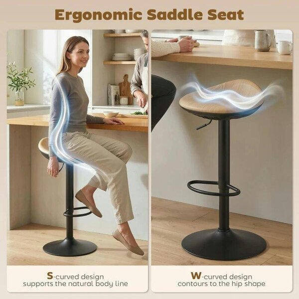 Set of 2 Barstools PU Leather Kitchen Stools with Saddle Seat Height Adjustable Swivel Kitchen Chairs with Footrest Oak