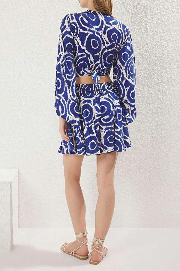 WOVCOR 2-Piece Viscose Crop Blouse and Short Skirt Set with Front Tie Detail