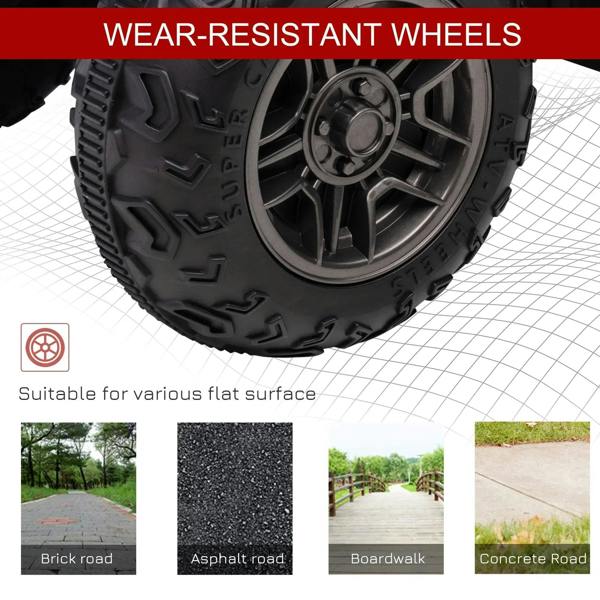 Wear-resistant tread tires on a kids ride-on ATV with durable wheel rims.