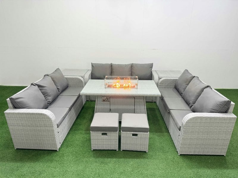 Fimous PE Rattan Lounge Sofa Set 11 Seater Outdoor Garden Furniture Set with Fire Pit Dining Table 3 Seater Sofa 2 Stools 2 Side Table Light Grey