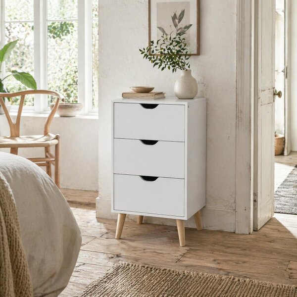 Wyld Haus Rato White Bedside Table With 3 Drawers And Narural Wood Legs