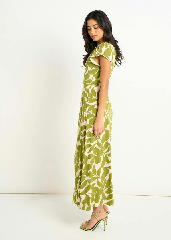 Gini London Green Petal Cuff Elasticated Waist Maxi Dress