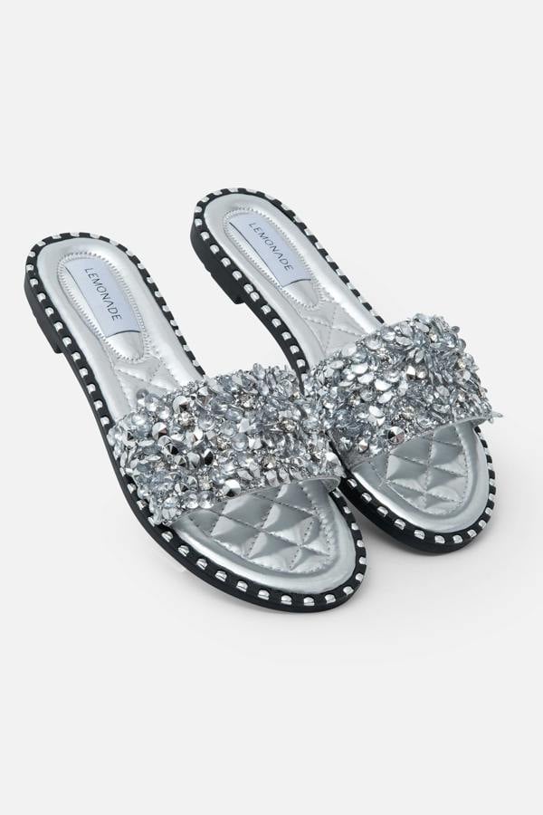 Crystal Clustered Sliders Silver, featuring flat Sole