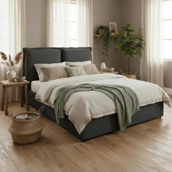 Wyld Haus Wexford Deep Grey Linen Upholstered 4ft6 Double Bed Pillow Headboard