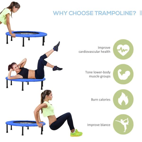 Blue mini trampoline with black legs for workout exercises and balance training