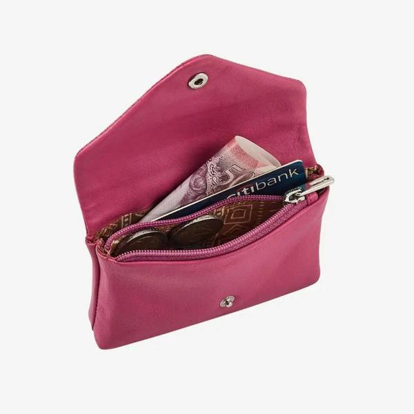 Pink real leather coin purse with envelope closure and note section
