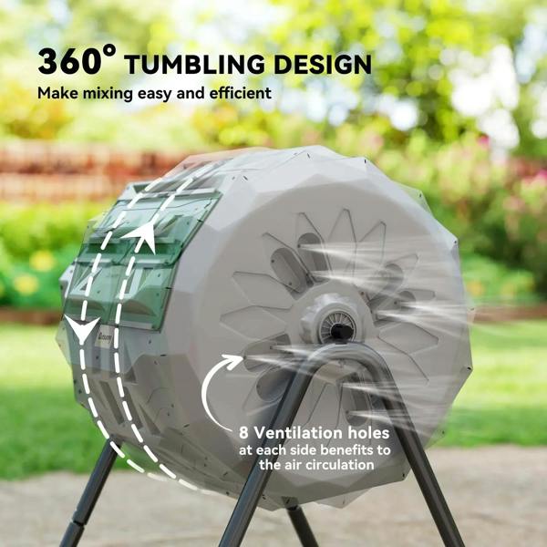Grey 360° tumbling composter with green end door and ventilation holes