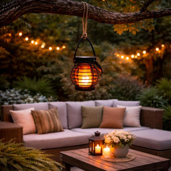Gardenwize Pack of 3 Solar Hanging Lanterns – Mini Flame Effect LED Lights