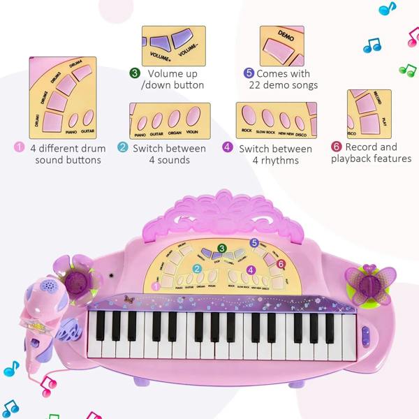 Pink mini electronic keyboard with colorful control buttons and sound/record icons