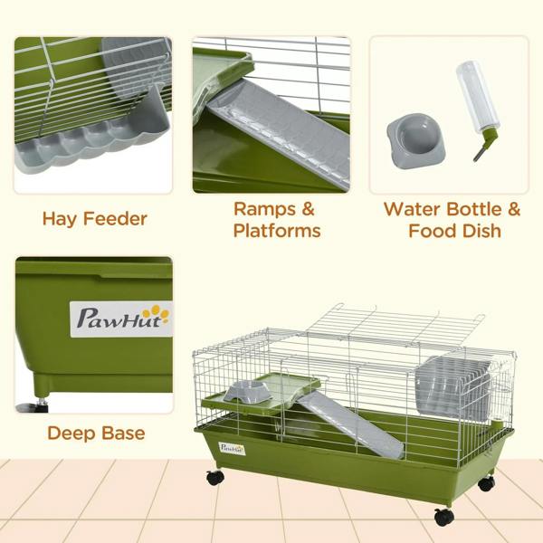 Green small animal cage showing hay feeder, ramp and platform, water bottle, and deep base