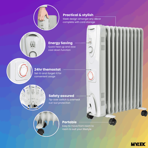 Mylek Oil Filled Electric Portable Heater Radiator with Adjustable Thermostat 2500w With Timer
