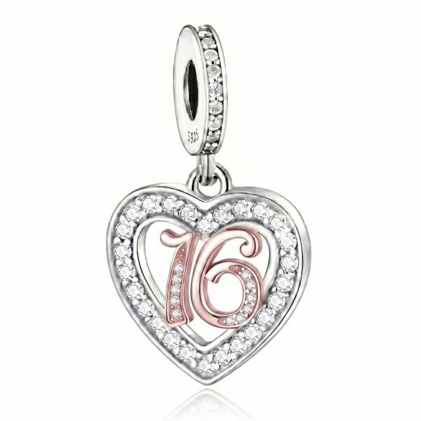 16th Birthday Charm Pandora Compatible 925 Sterling Silver Heart Dangle, Daughter Gift for Bracelet