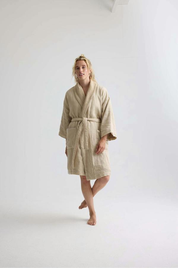 Pretty You London Short Terry Lined Linen Robe In Summer Sand