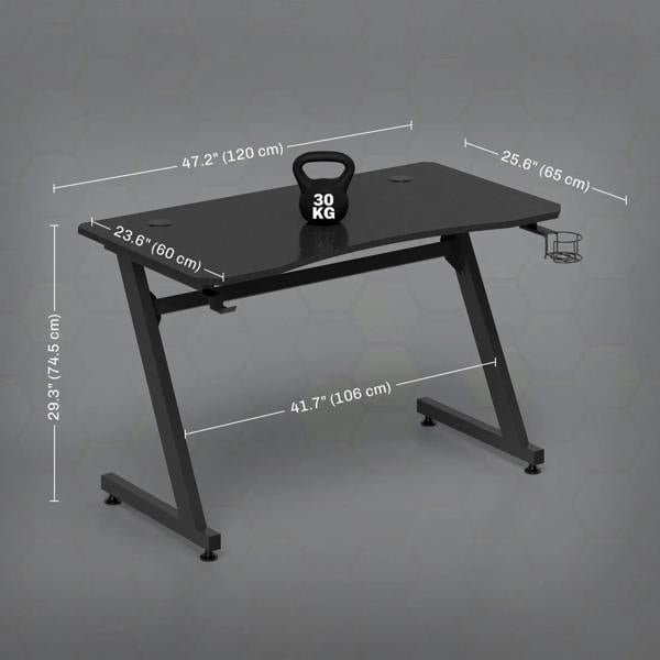 Black gaming desk dimensions view with curved front and underside support frame