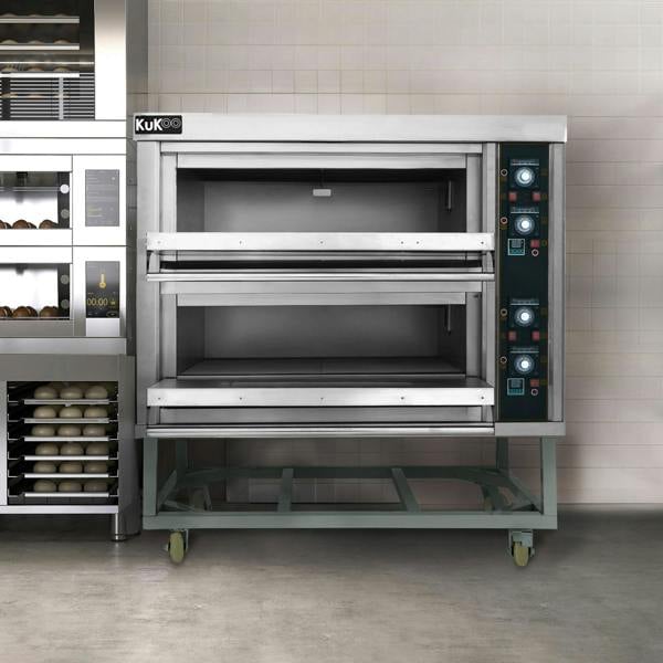 KuKoo large commercial pizza and baking oven with stainless steel finish, two spacious baking chambers, and control panel on the side