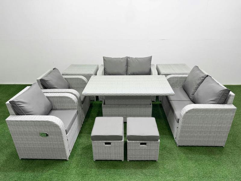 Fimous 8 Seater Adj Height Table Set, Rattan Garden Furniture, Reclining Love Sofa, 2 Stools and 2 Side Tables, Light Grey