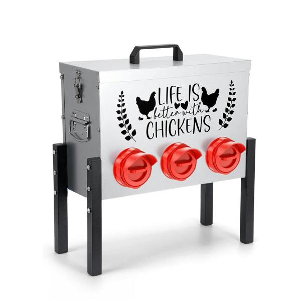 Chicken feeder with 'Life is better with chickens' text on a white background