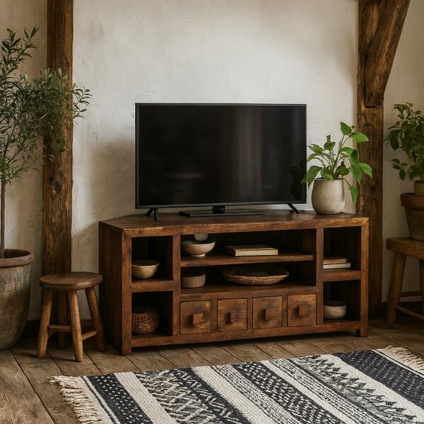 Wyld Haus Phuket Dark Mango Wood Corner TV Unit 4 Drawers 6 Shelves