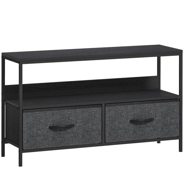 Black TV stand cabinet with open shelf and two fabric foldable drawers with handles