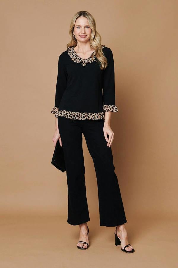 Black | Animal Print Frill Trim 3/4 Sleeve Top