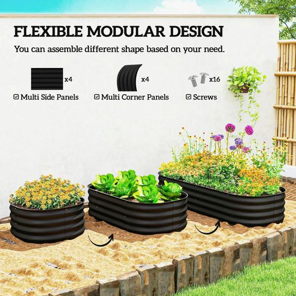 Set of black modular raised garden bed planters holding different flower arrangements